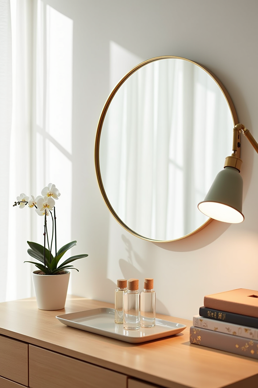 Dresser top with brass-framed mirror, ceramic tray, orchid, stacked books, and jewelry box.