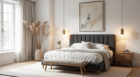 Bedroom with charcoal velvet headboard, brass pendants, upholstered bench, and abstract art above the bed.