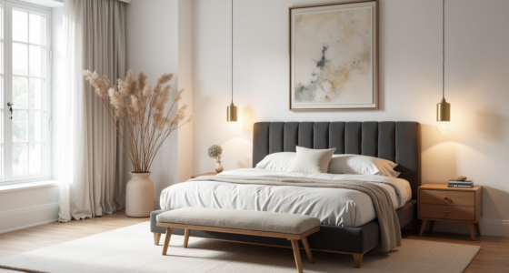 Bedroom with charcoal velvet headboard, brass pendants, upholstered bench, and abstract art above the bed.