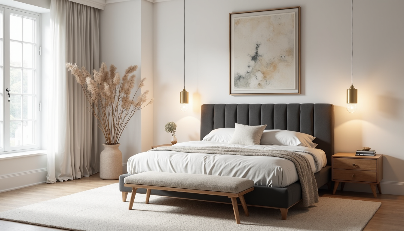 Bedroom with charcoal velvet headboard, brass pendants, upholstered bench, and abstract art above the bed.