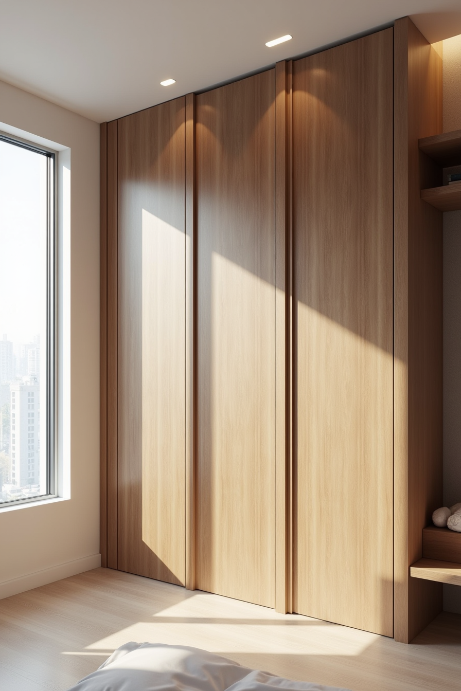 Walnut vertical paneling with LED strips, built-in wardrobe, and integrated floating nightstand.