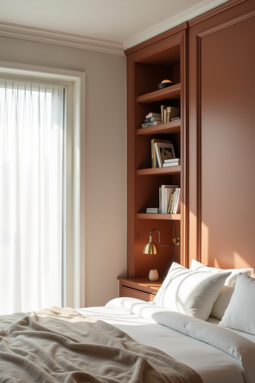 Dark paneled millwork with built-in shelving holding books and objects, brass sconce on the wall.