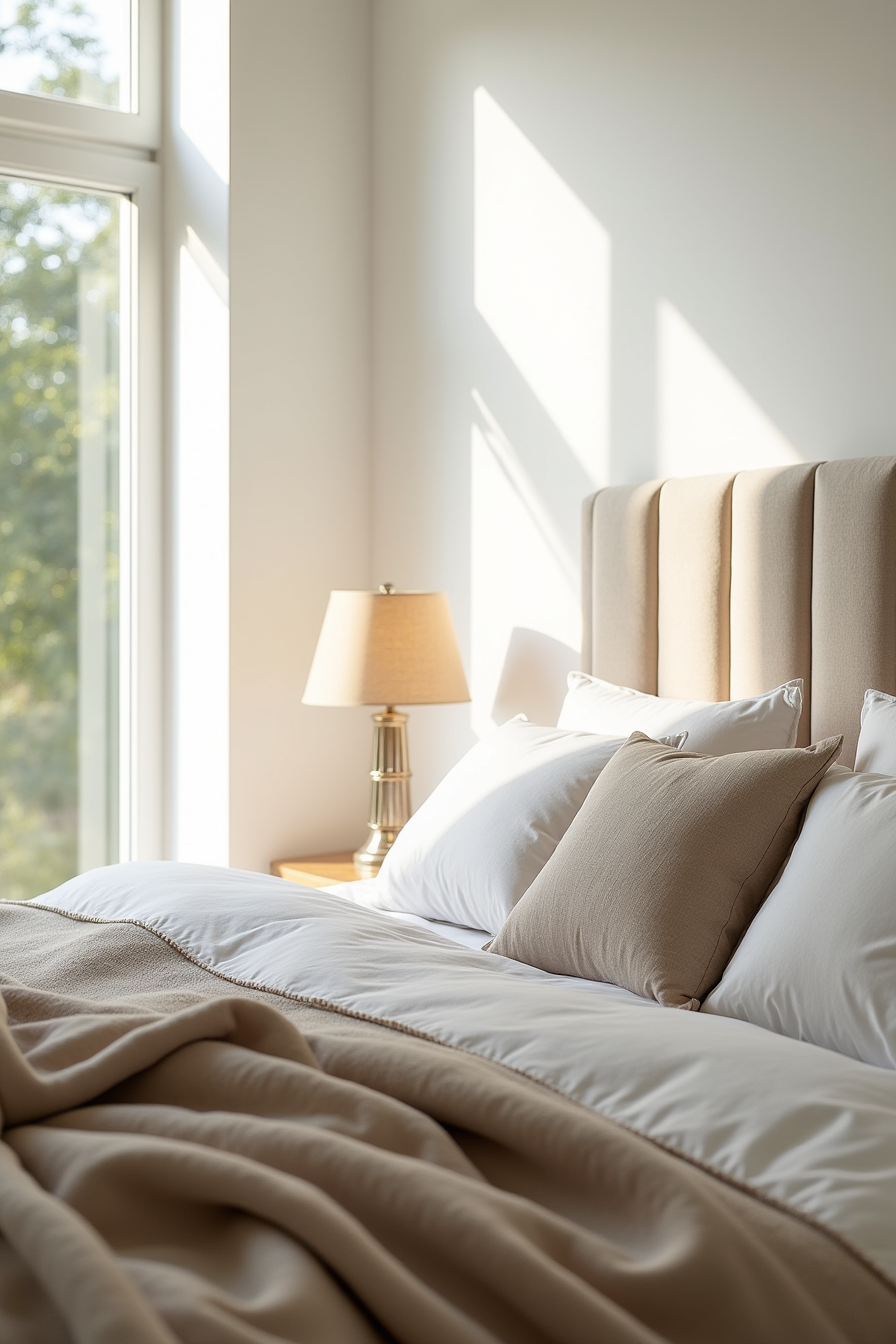 Tufted linen headboard with channel details, matelassé coverlet, wool throw, and stacked euro shams.