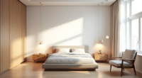 Contemporary bedroom with platform bed, matching nightstands, tall dresser, and corner reading chair with lamp.