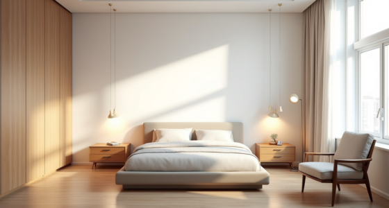 Contemporary bedroom with platform bed, matching nightstands, tall dresser, and corner reading chair with lamp.