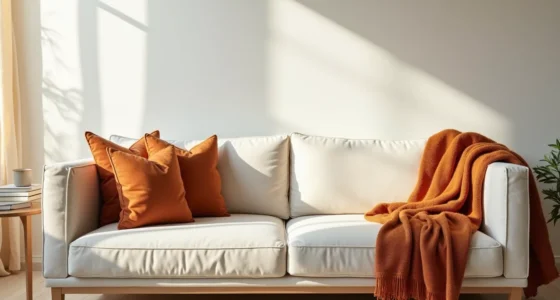 Cream sofa styled with rust throw blanket, burnt-orange pillows, ochre knit blanket, and ceramic mug on wooden side table.