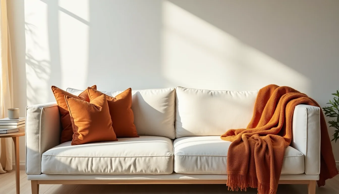 Cream sofa styled with rust throw blanket, burnt-orange pillows, ochre knit blanket, and ceramic mug on wooden side table.