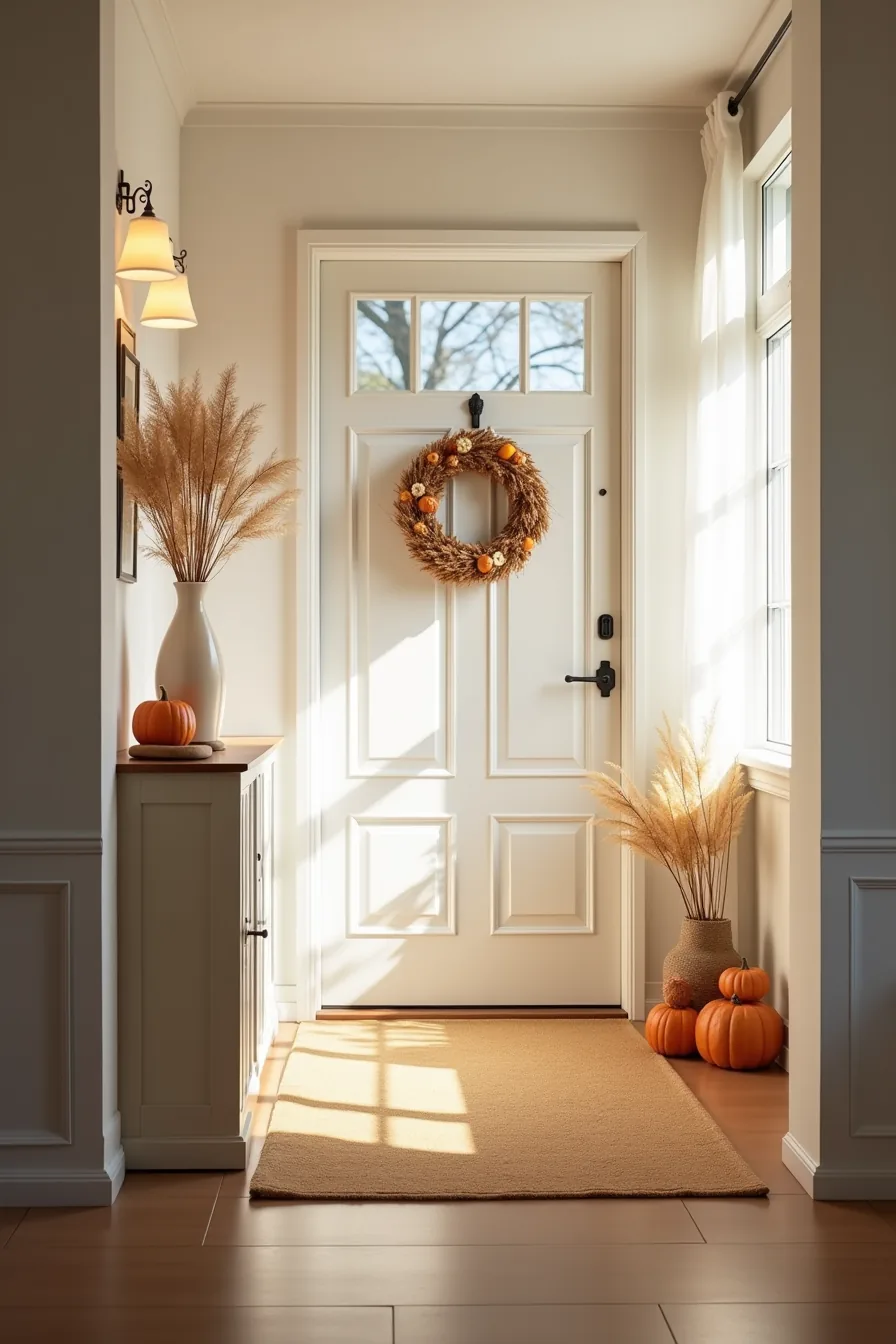 Front door decorated with dried wheat and gourd wreath, coordinating console table arrangement, and warm-toned runner rug.