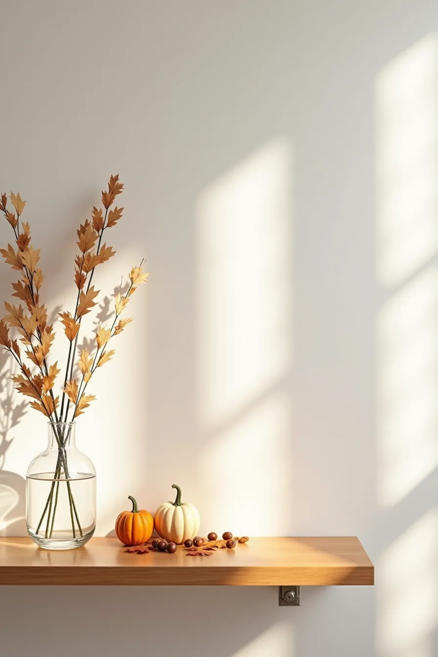 Floating shelf arranged with dried oak branches in glass vase, scattered gourds, acorns, and maple leaves against neutral