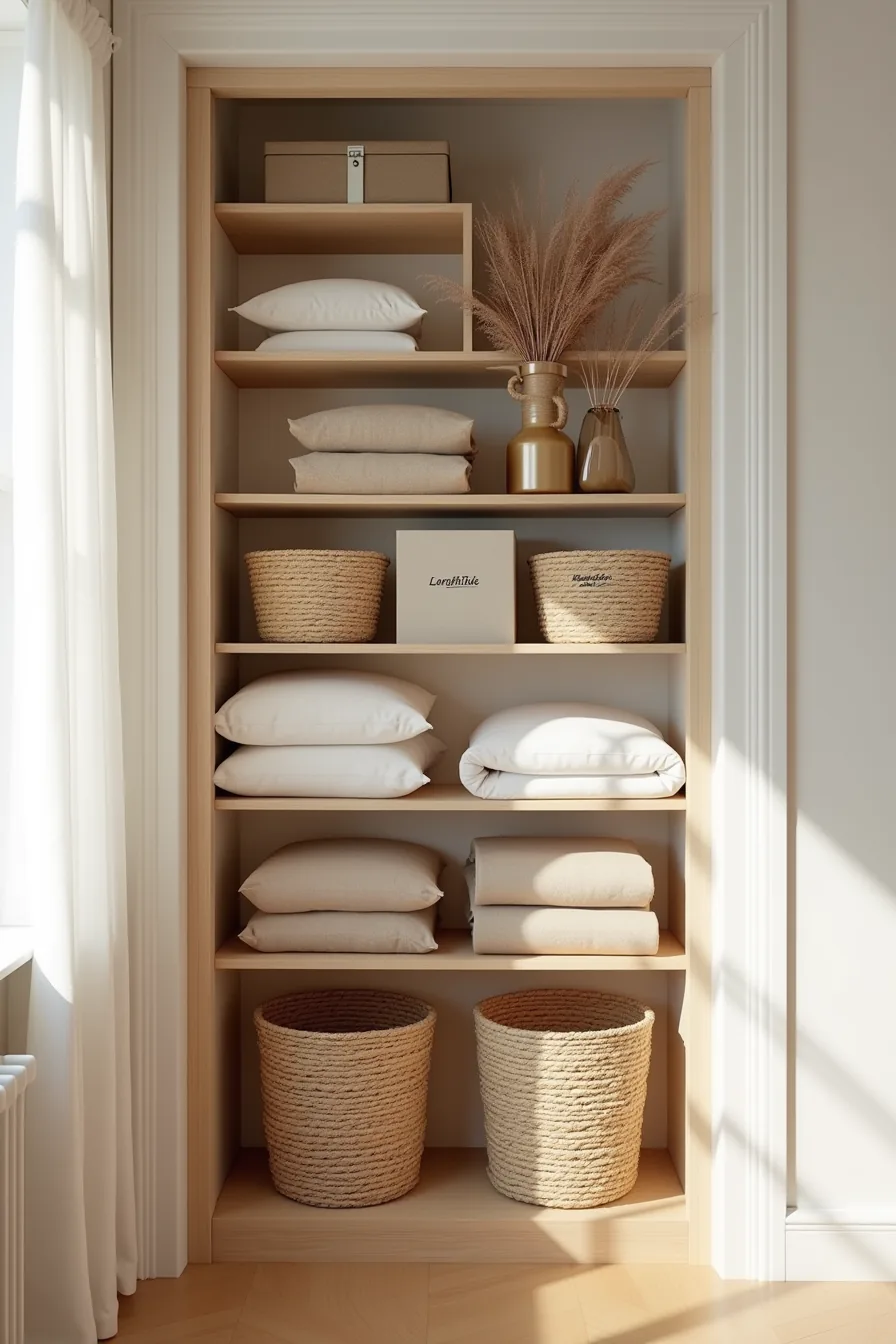 Wooden shelving closet with labeled woven baskets containing folded throw blankets, rolled pillows, and kraft-wrapped dried