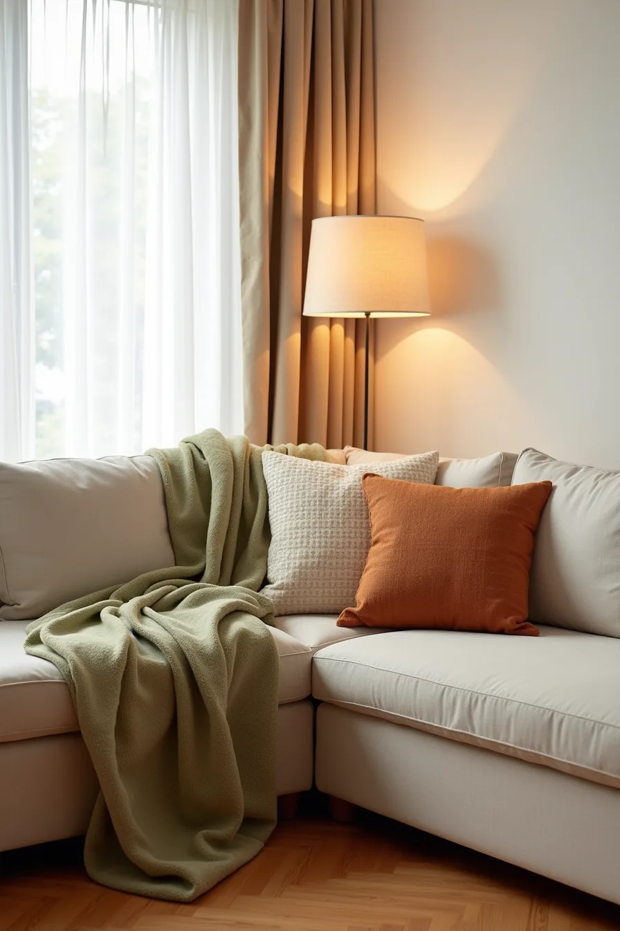 Sectional corner displaying layered caramel linen throw, sage-green wool blanket, and rust-cream patterned pillows on