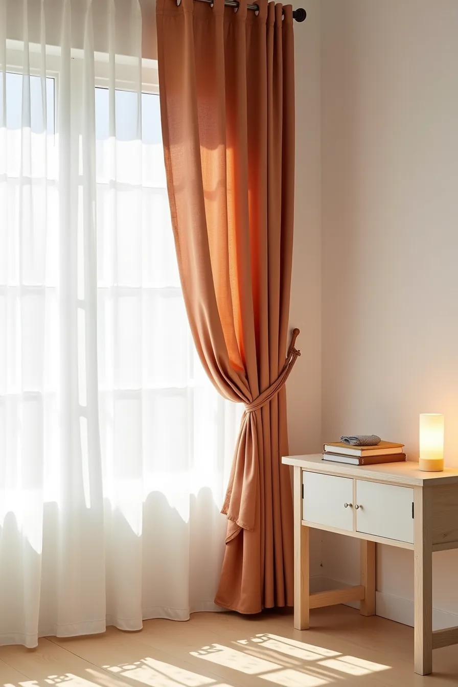 Terracotta linen fabric draped down white wall behind a wooden console table, creating a temporary fall color accent.