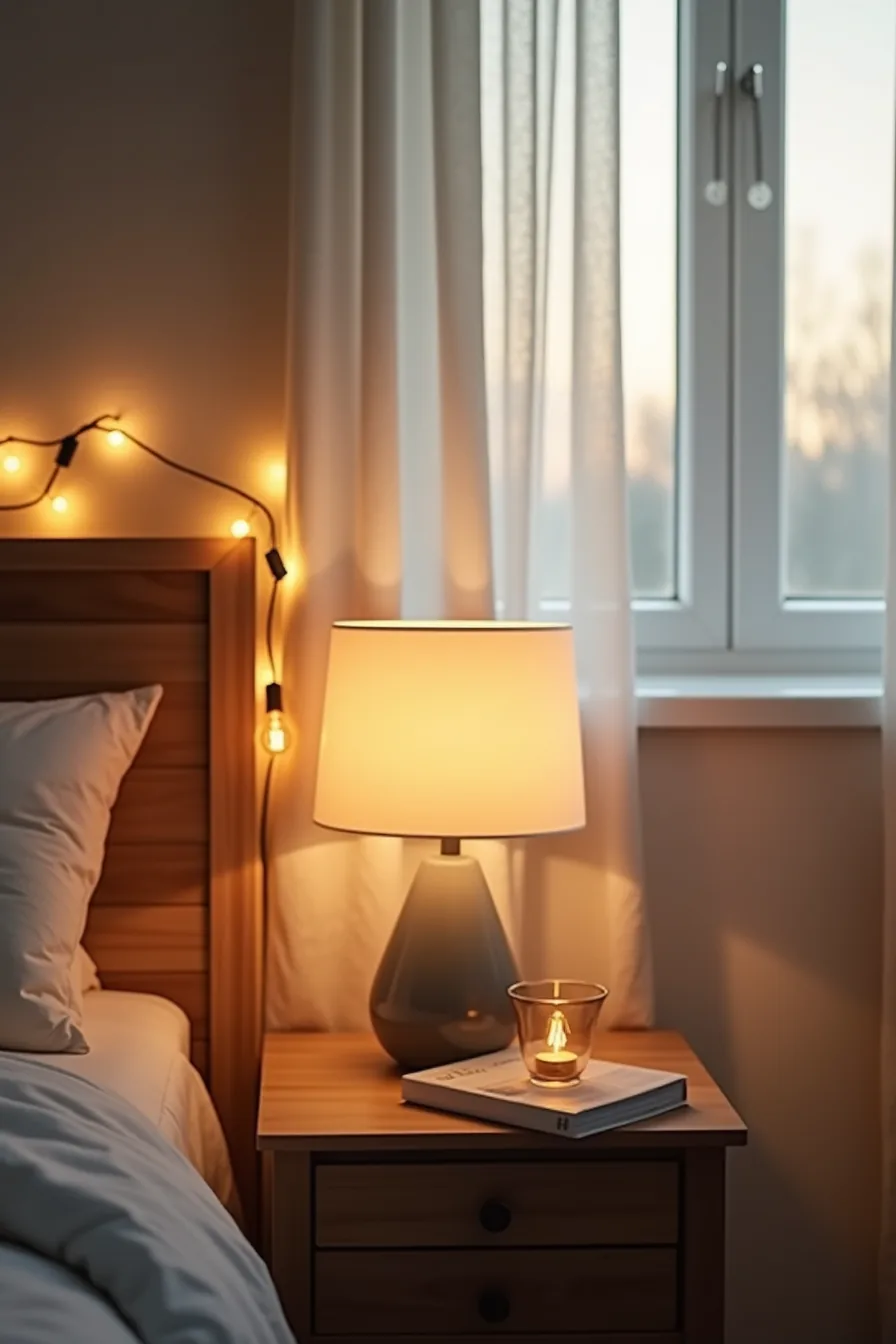 Bedside arrangement combining glowing table lamp, draped Edison bulbs on headboard, and lit candle in glass holder.