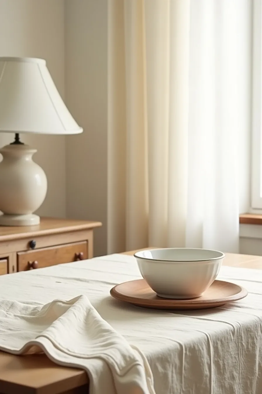Cream damask tablecloth folded neatly with a matte ceramic bowl and polished wood charger plate stacked on top, lit to show