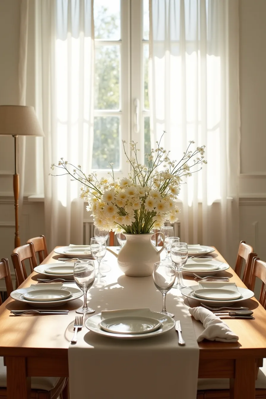 Overcrowded table with an oversized centerpiece blocking views, bunched linens at corners, an askew runner, and cramped