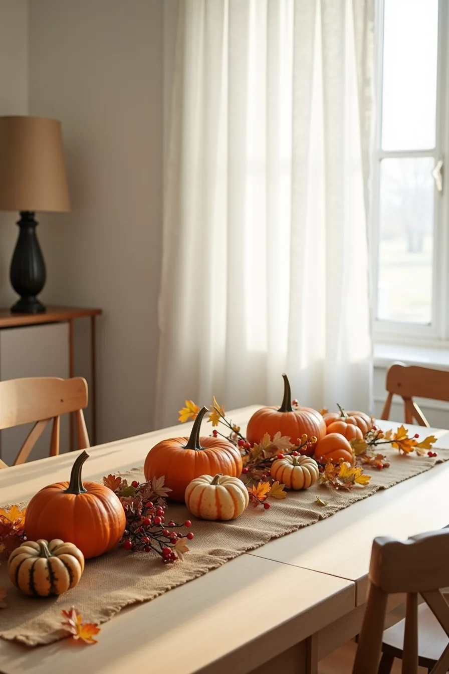 Burlap table runner scattered with small pumpkins, oak branches, dried leaves, and berries arranged in loose clusters across