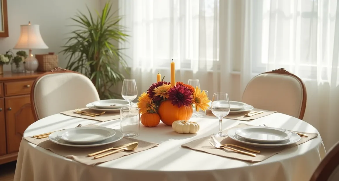Round table for four with orange gourds, burgundy dahlias, and cream candles arranged low in the center, surrounded by