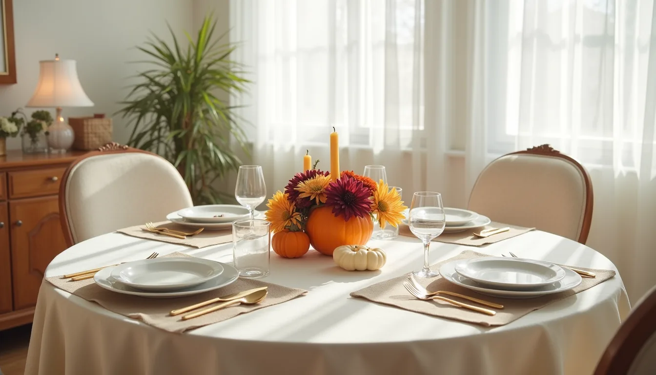 Round table for four with orange gourds, burgundy dahlias, and cream candles arranged low in the center, surrounded by