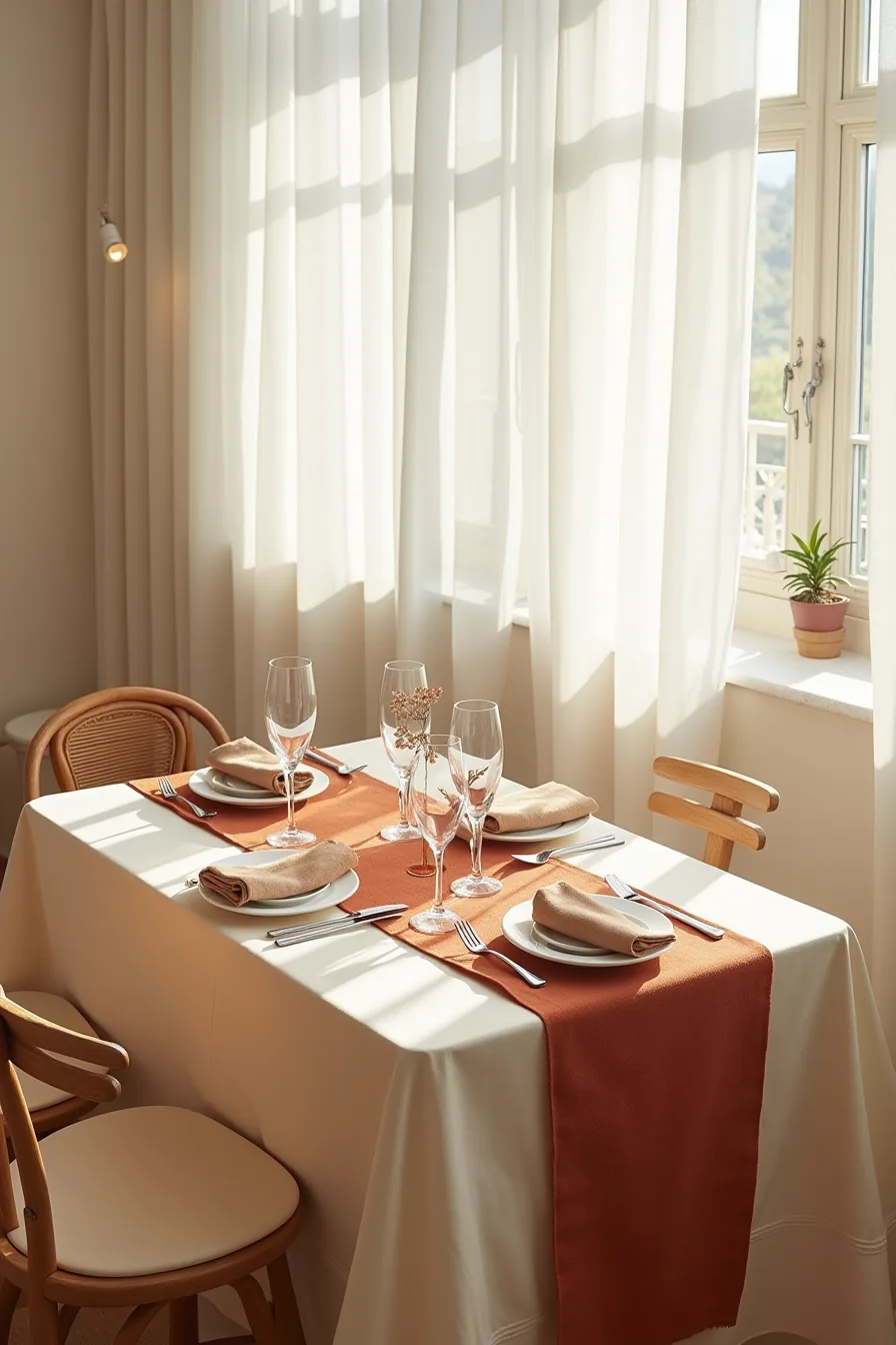 Rust-colored linen table runner layered over a cream tablecloth with four place settings of napkins, cutlery, and glasses