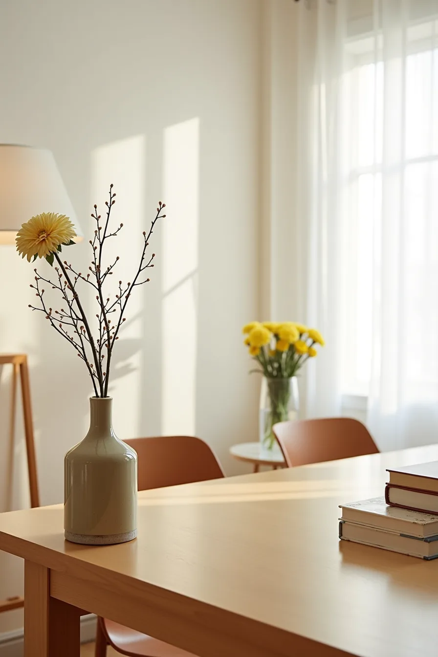 Small potted mum secured to a rental table edge with a table clip, with a weighted vase of branches placed nearby on the