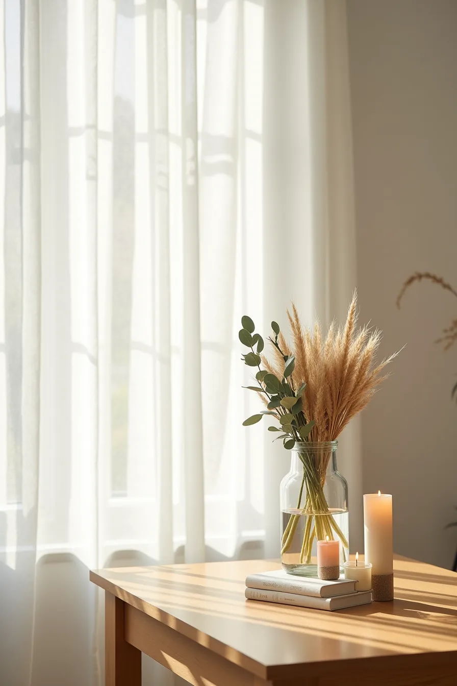 Tall glass vase filled with dried wheat, eucalyptus, and three pillar candles standing on a bare wooden table.