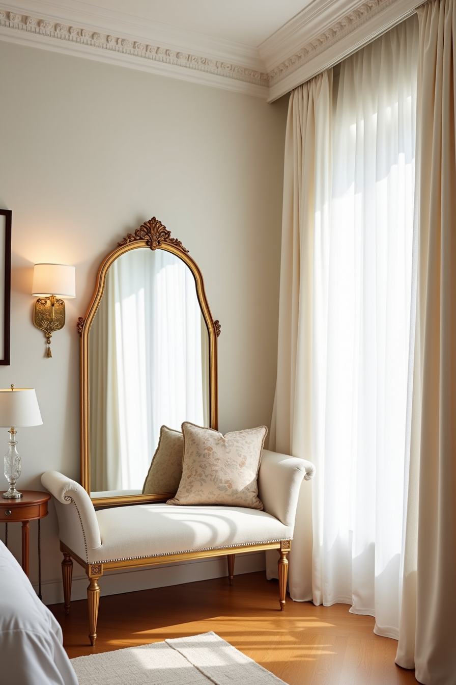 Gold-framed arched mirror stands next to a cushioned bench with a decorative pillow in a room with molding.
