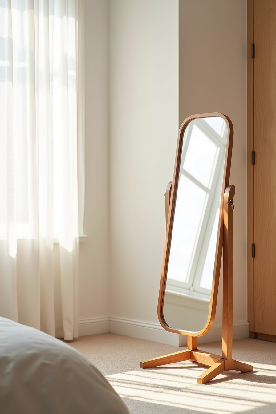 Tilting cheval mirror on a wooden stand with crossbar feet placed on carpet near a closet door.