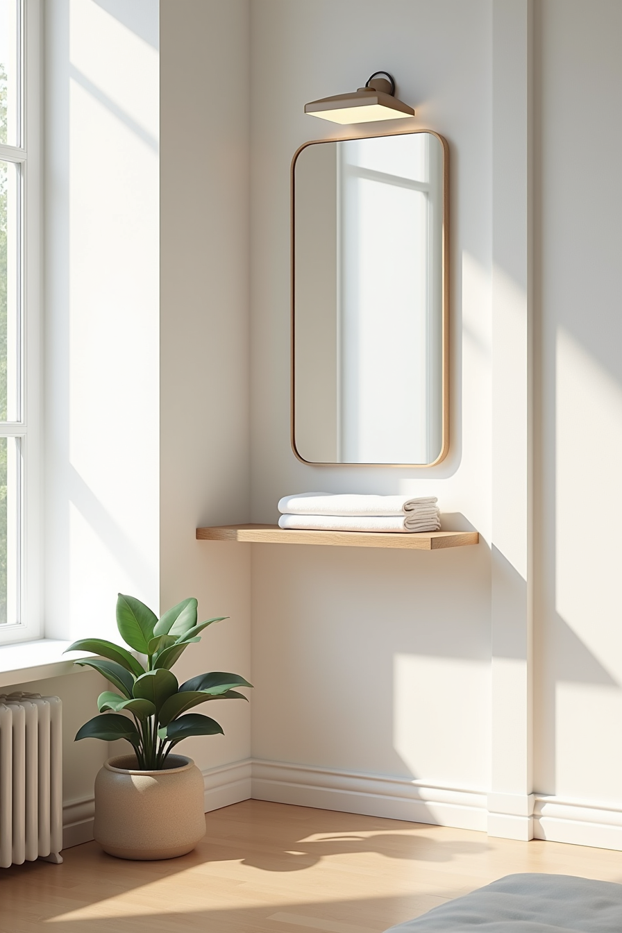 Rectangular mirror positioned in a corner with a potted plant below and a shelf holding towels above.