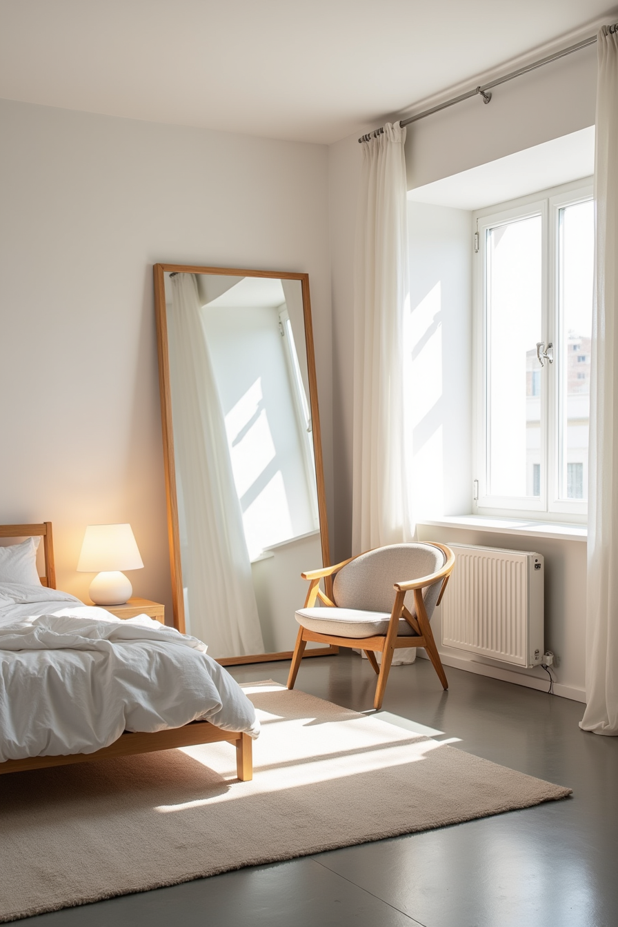 Large wooden-framed mirror standing between a bed and an armchair on a rug over concrete flooring.