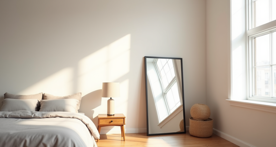 Black-framed standing mirror next to a bed with rumpled linen covers and a nightstand on hardwood flooring.