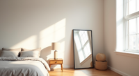 Black-framed standing mirror next to a bed with rumpled linen covers and a nightstand on hardwood flooring.