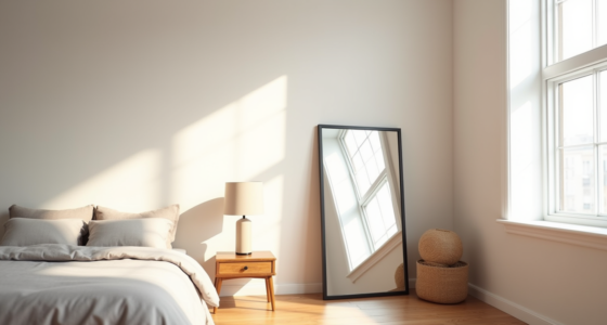 Black-framed standing mirror next to a bed with rumpled linen covers and a nightstand on hardwood flooring.