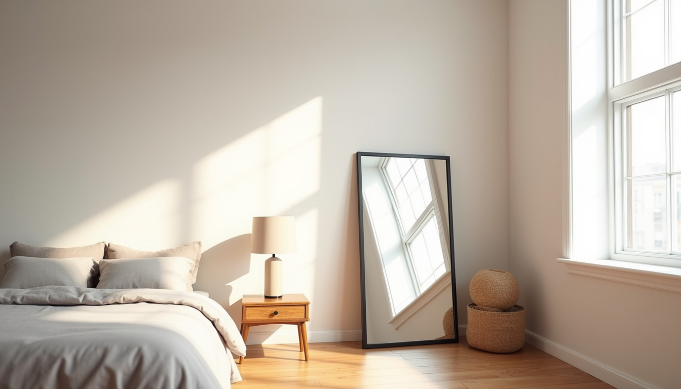 Black-framed standing mirror next to a bed with rumpled linen covers and a nightstand on hardwood flooring.