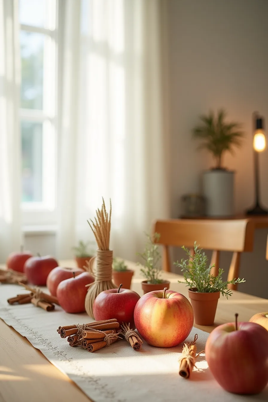 Table runner decorated with apples, bundled cinnamon sticks, wheat stalks, and potted herbs arranged at an angle.