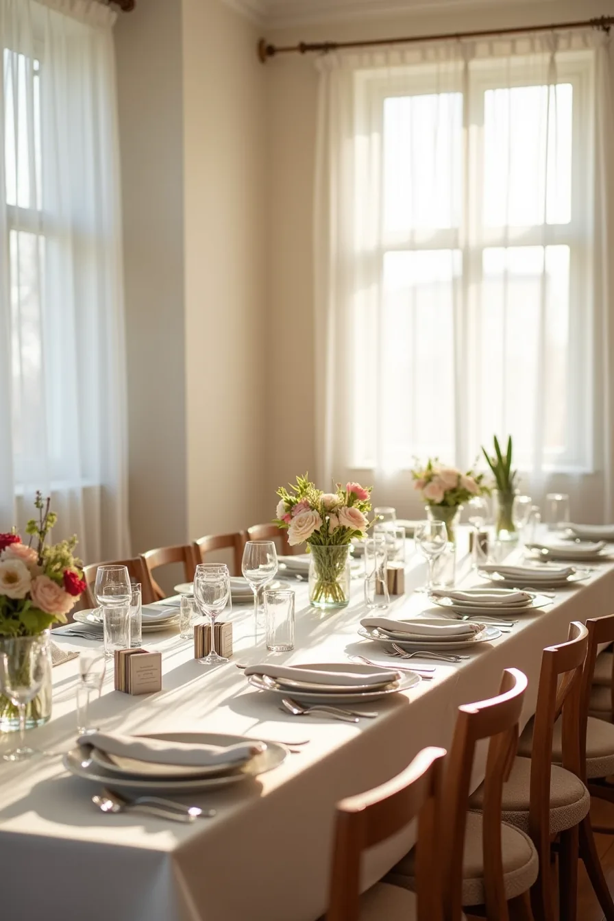 Before-and-after comparison: left side shows tall centerpieces with blocked views and tipped glasses; right side shows