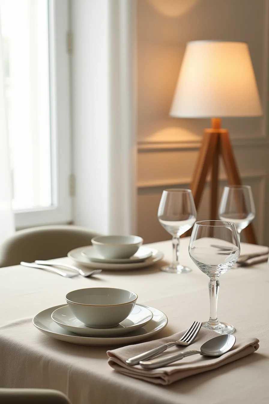 Formal place setting with stacked neutral ceramic plates, properly arranged silverware, crystal glasses, and a linen napkin