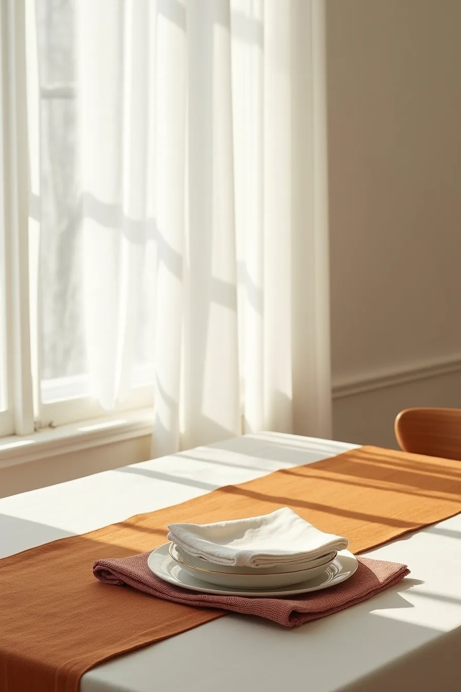 Cream tablecloth, rust runner, and patterned placemat layered together with a folded cloth napkin displayed on top.