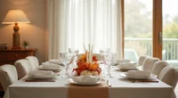 Rectangular table set for six with place cards, folded napkins, glasses, and a centerline of autumn leaves, gourds, and