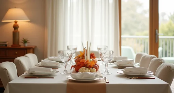Rectangular table set for six with place cards, folded napkins, glasses, and a centerline of autumn leaves, gourds, and
