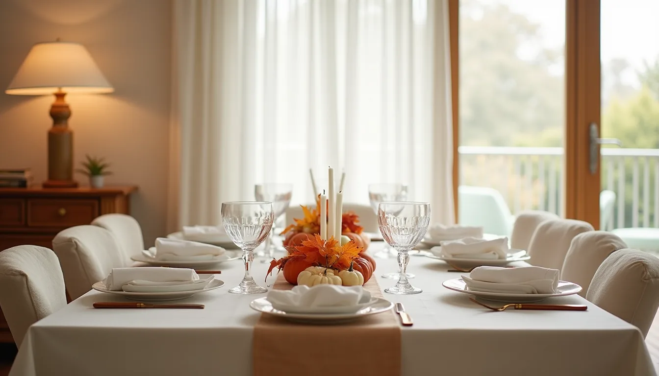 Rectangular table set for six with place cards, folded napkins, glasses, and a centerline of autumn leaves, gourds, and