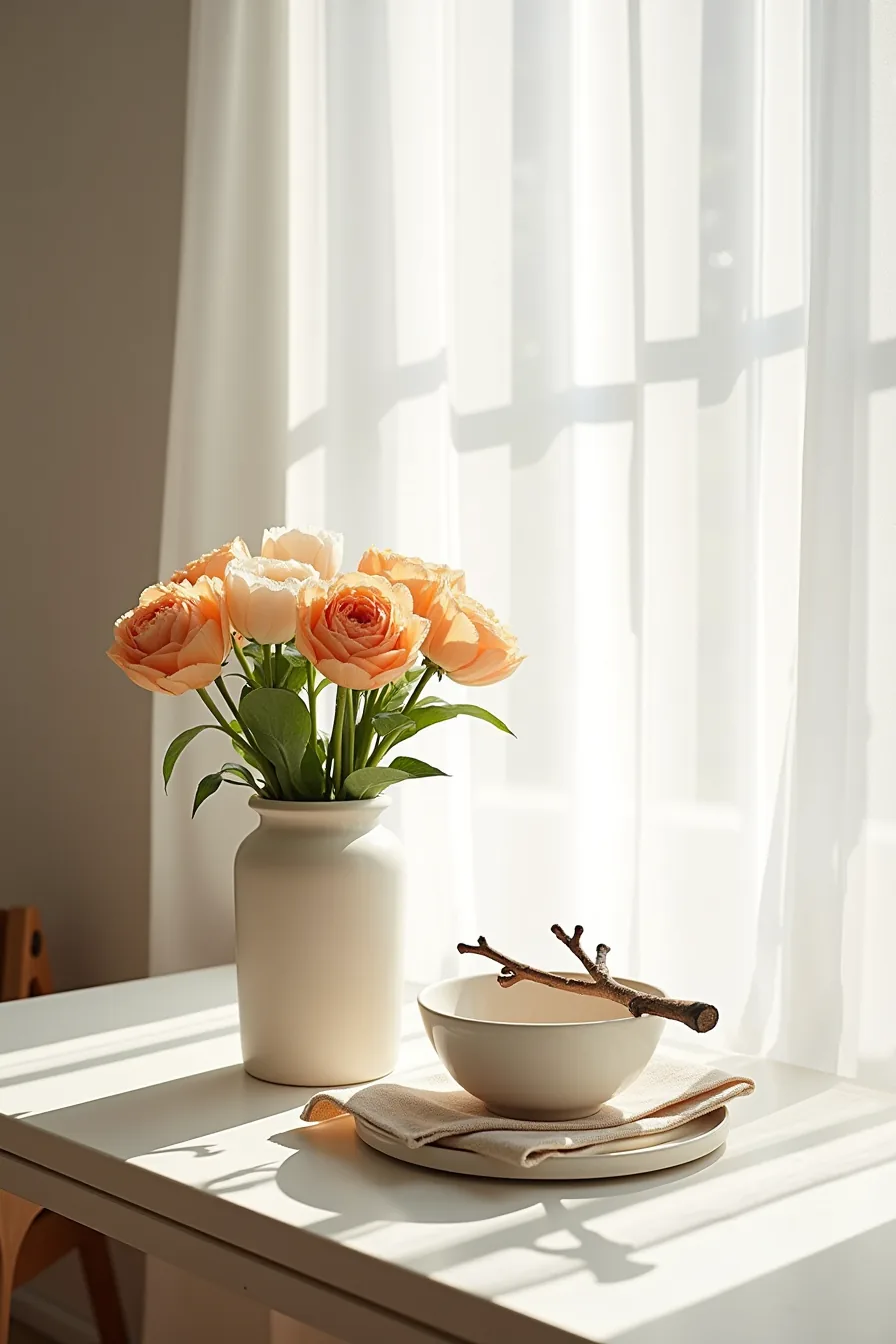 Styled arrangement of fresh flowers in a vase, ceramic bowl, linen napkin, natural branches, and ceramic plate on a neutral