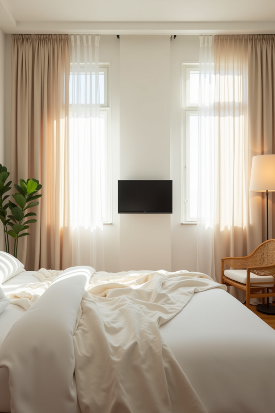 View from the bed toward a wall TV, with sheer curtains dimming window glare.