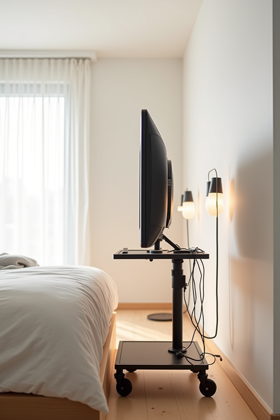 Rolling cart with a strapped-down TV, clipped cords, and a wall adhesive strip nearby.