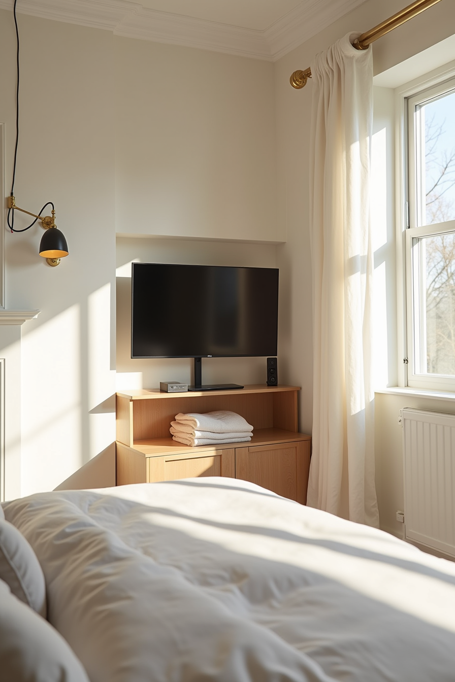 TV on a swivel bracket angled toward the bed above a shelving niche with linens.