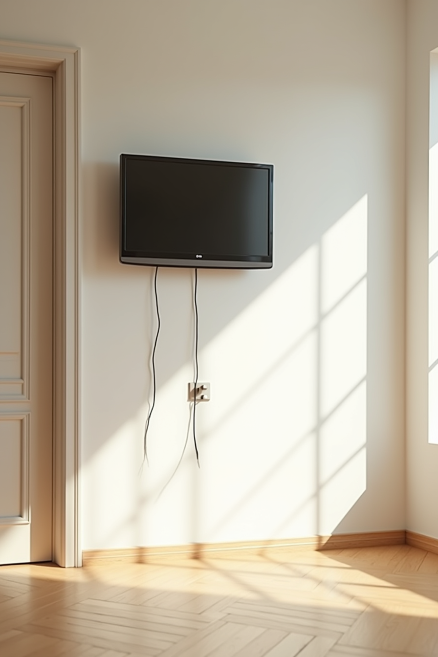 TV above an outlet with a loose cord, bracket edge near a closet door frame.