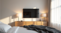 Wall-mounted TV above a wooden dresser flanked by lamps, charcoal throw on the bed footboard.