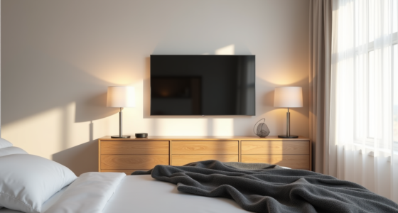 Wall-mounted TV above a wooden dresser flanked by lamps, charcoal throw on the bed footboard.