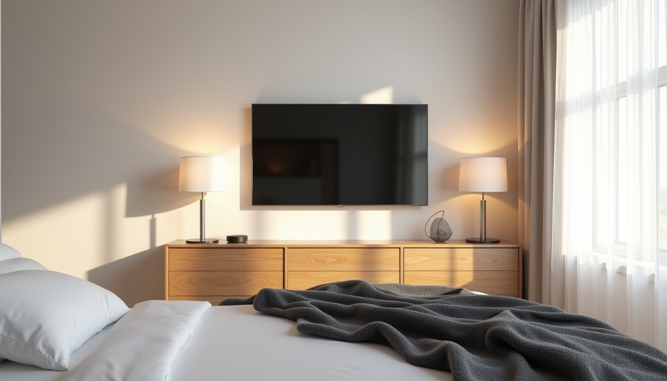 Wall-mounted TV above a wooden dresser flanked by lamps, charcoal throw on the bed footboard.