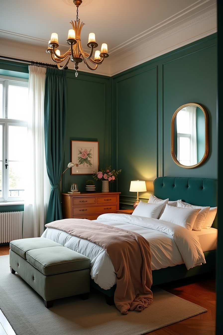 Emerald-walled bedroom featuring brass chandelier, velvet headboard, gold mirror, and silk curtains.