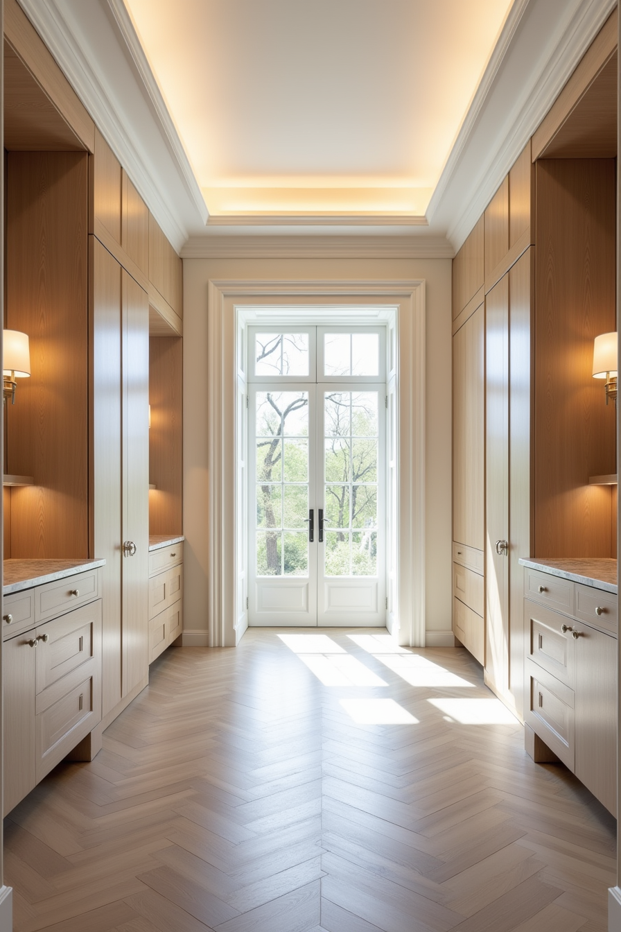 Bedroom with built-in cabinets, floating marble vanity, herringbone floor, and tray ceiling with cove lighting.
